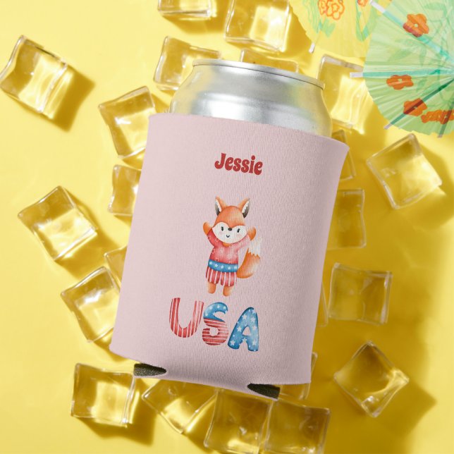 Cute Patriotic Fox Personalized Can Cooler (In Situ Summer)