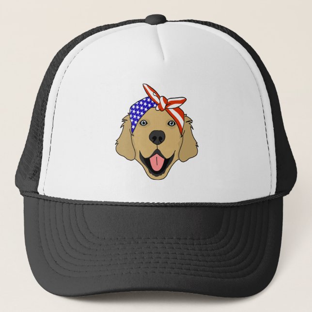 Cute Patriotic Golden Retriever Dog Trucker Hat (Front)