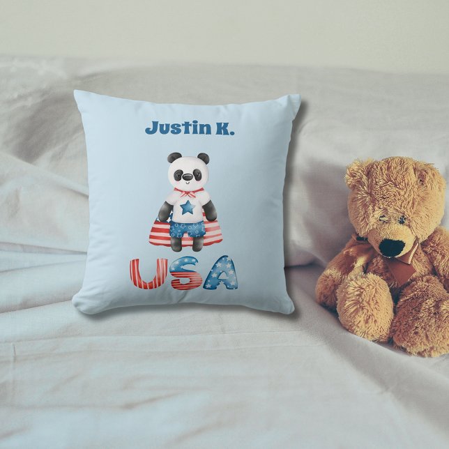 Cute Patriotic Panda Superhero Personalized Throw Pillow (Creator Uploaded)