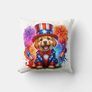 Cute Patriotic Uncle Sam Puppy Fireworks Throw Pillow