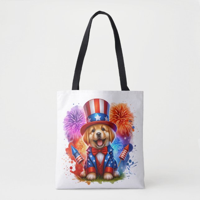 Cute Patriotic Uncle Sam Puppy Fireworks Tote Bag (Front)