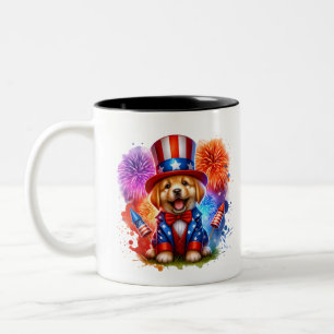 Cute Patriotic Uncle Sam Puppy Fireworks Two-Tone Coffee Mug