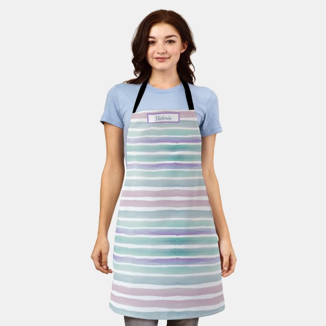 Cute Pattern Colourful Stripes Pink Blue Apron (Worn)