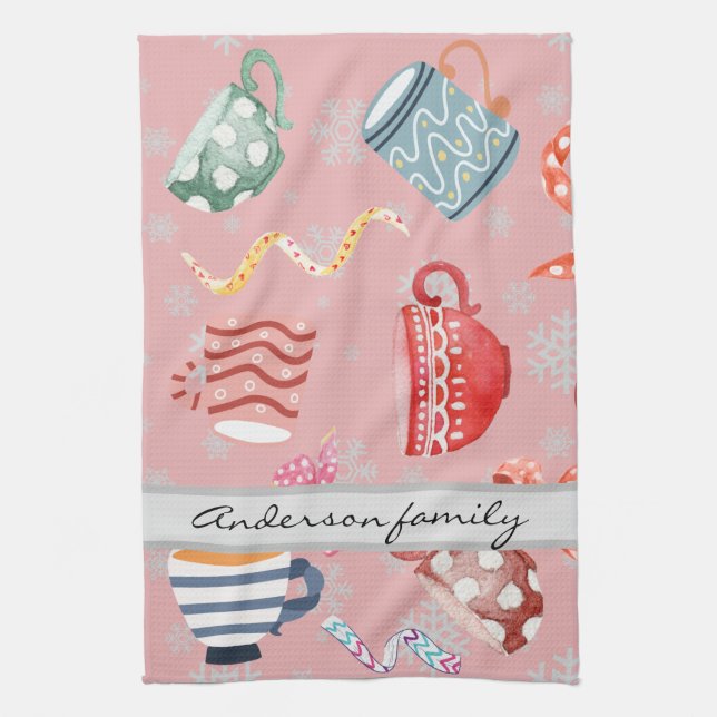 Cute pattern monogrammed keepsake red Christmas Kitchen Towel (Vertical)