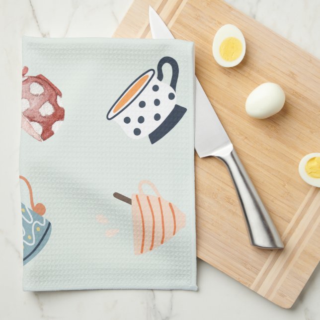 Cute pattern of colourful mugs blue dots stripes  kitchen towel (Quarter Fold)