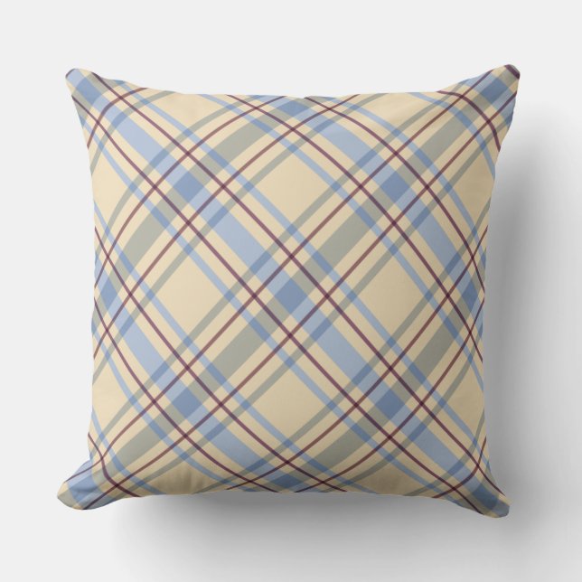 Cute pattern of tartan plaid blue and beige modern throw pillow (Front)