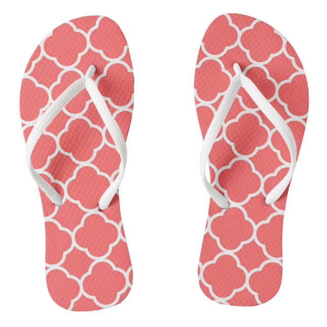 Cute Pattern Stylish Girly Summer Fun Coral White Flip Flops (Footbed)