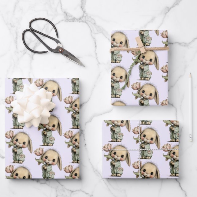 Cute Pattern with a Bunny Holding a Tulip Wrapping Paper Sheet (Front)