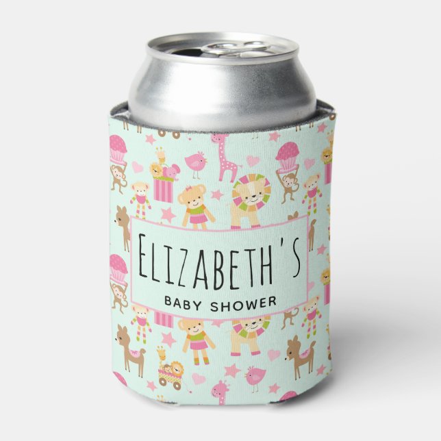 Cute Pattern with Happy Animals & Toys Baby Shower Can Cooler (Can Front)