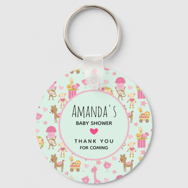Cute Pattern with Happy Animals & Toys Baby Shower Keychain (Front)