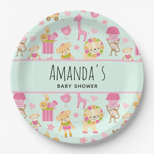 Cute Pattern with Happy Animals & Toys Baby Shower Paper Plate (Front)
