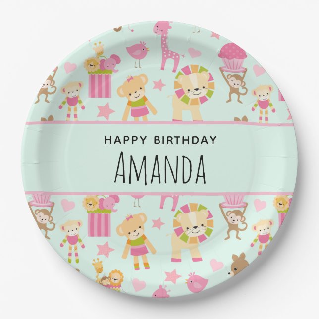 Cute Pattern with Happy Animals & Toys Birthday Paper Plate (Front)