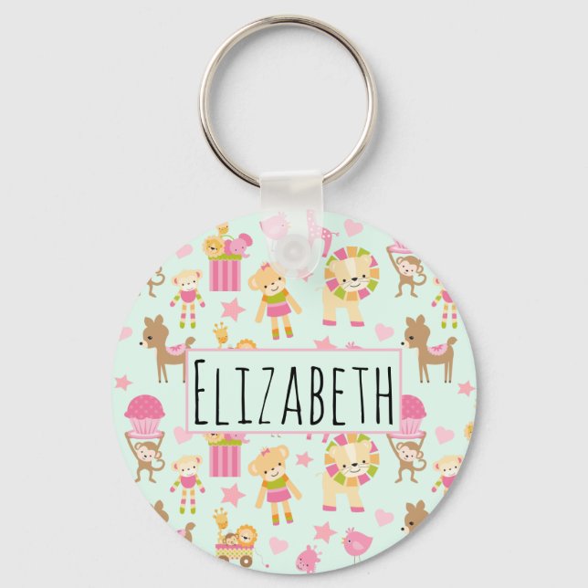 Cute Pattern with Happy Animals & Toys Keychain (Front)