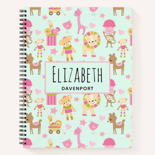 Cute Pattern with Happy Animals & Toys Notebook (Front)