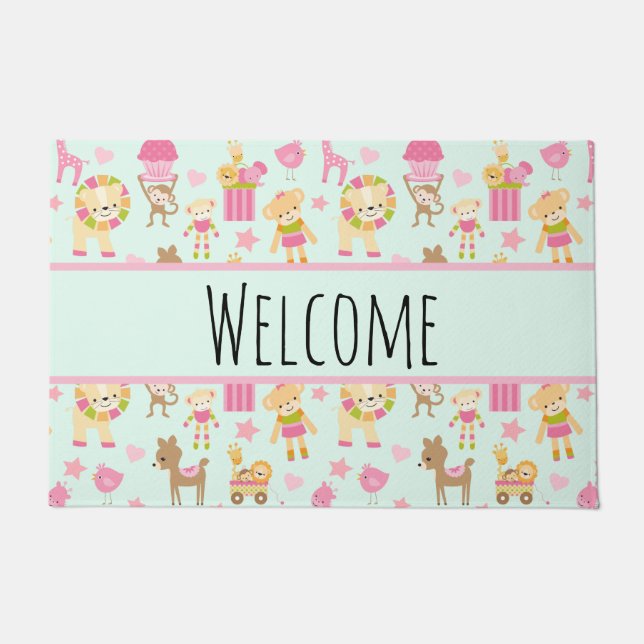  Cute Pattern with Happy Animals & Toys Welcome Doormat (Front)