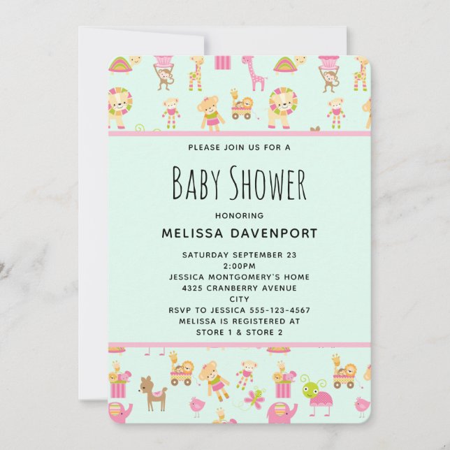 Cute Pattern with Nursery Animals Baby Shower Invitation (Front)