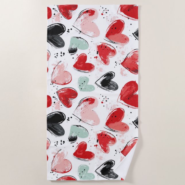 cute pattern with painted hearts watercolor  beach towel (Front)