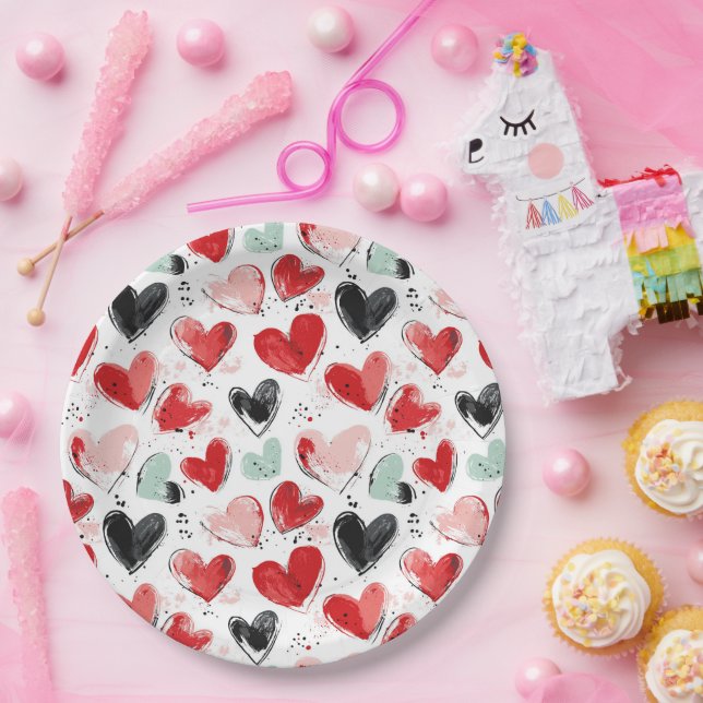 cute pattern with painted hearts watercolor  paper plate (Party)