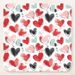 cute pattern with painted hearts watercolor  square paper coaster