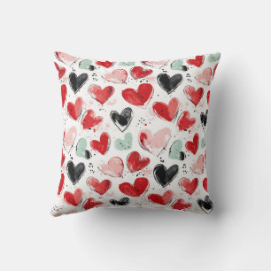 cute pattern with painted hearts watercolor  throw pillow