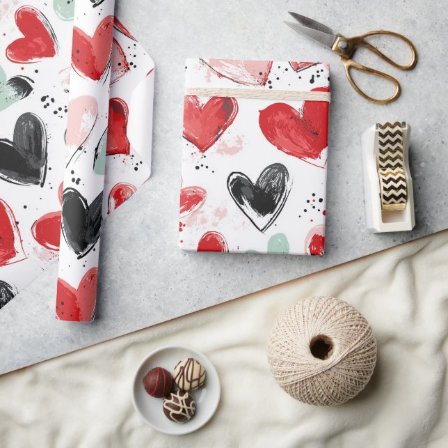 cute pattern with painted hearts watercolor  wrapping paper (Crafts)