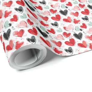 cute pattern with painted hearts watercolor wrapping paper