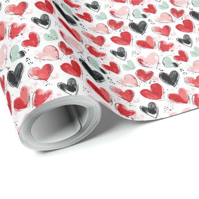cute pattern with painted hearts watercolor  wrapping paper (Roll Corner)