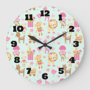 Cute Pattern with Whimsical Animals & Toys Large Clock
