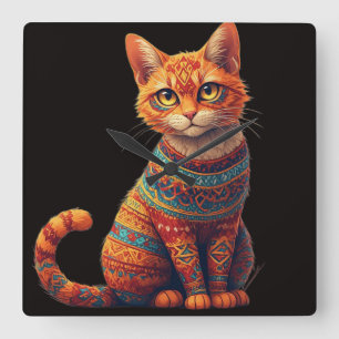 Cute Patterned Cat Illustration Folk Art Style Square Wall Clock