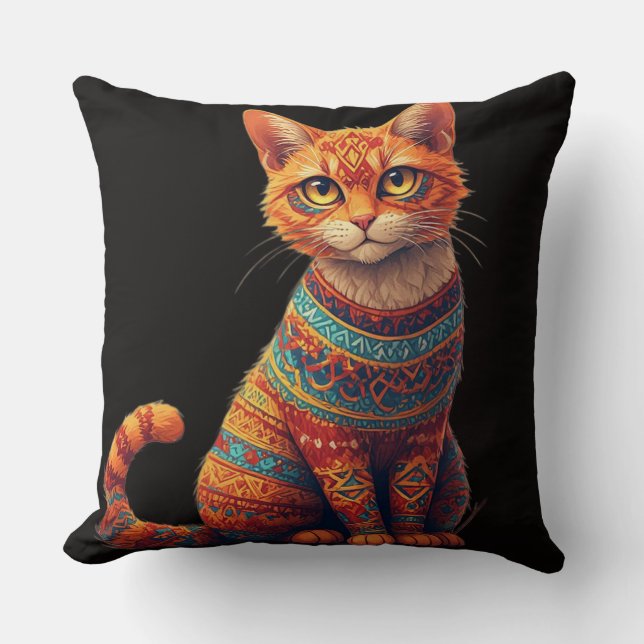 Cute Patterned Cat Illustration Folk Art Style Throw Pillow (Front)