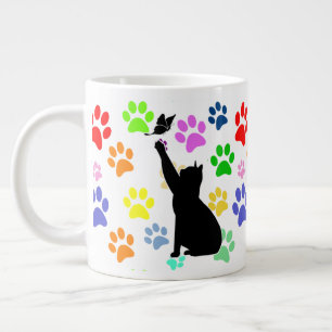 Cute Paw Pattern and Cat Chasing a butterfly Large Coffee Mug