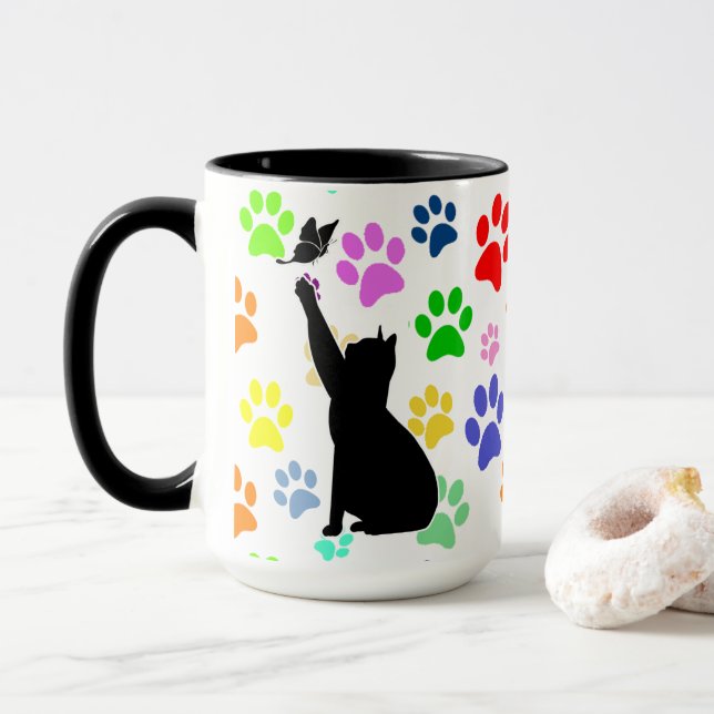 Cute Paw Pattern and Cat Chasing a butterfly Mug (With Donut)