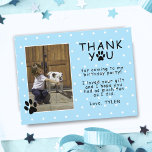 Cute Paw Print Blue Birthday Thank you Photo  Postcard<br><div class="desc">Cute Paw Print Blue Birthday Thank you Photo Postcard for Children. Cute photo birthday thank you card with paw prints, thank you note, a photo template and a child`s name. The background is blue with a white polka dot pattern. Insert your photo into the template and personalize it with your...</div>