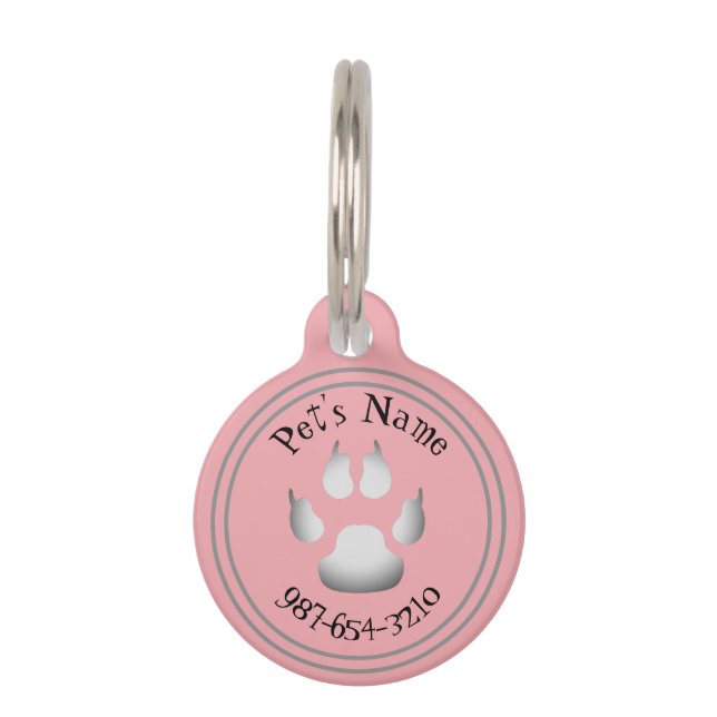 Cute Paw Print Customized Pink Round Pet Tag (Front)