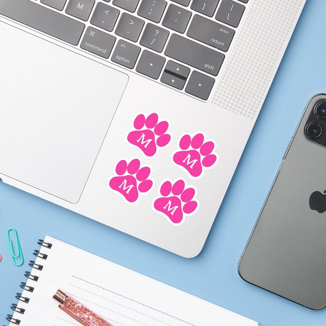Cute Paw Print Personalized Initial Hot Pink Vinyl (Laptop w/ iPhone)