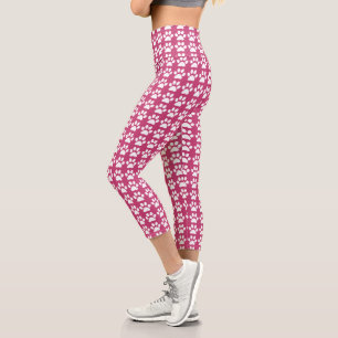 Cute Paw Print Pink & White Pattern Trendy Capri Leggings