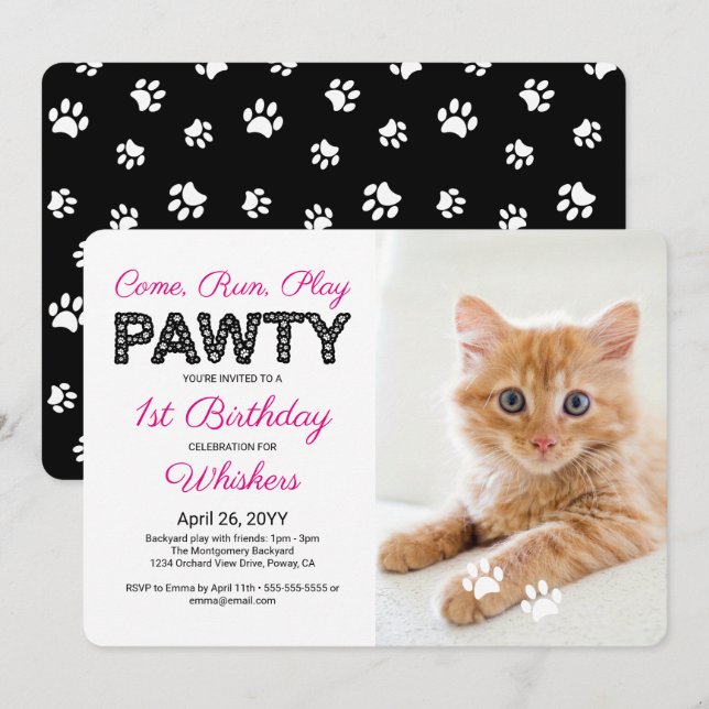 Cute Paw Prints Custom Pet Birthday Pawty Photo Invitation (Front/Back)