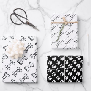 Cute Paw Prints Dog Bones Custom Name Wrapping Paper Sheet