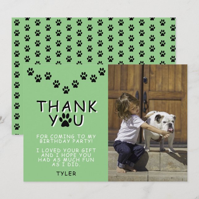 Cute Paw Prints Green Birthday Thank you Photo Card (Front/Back)