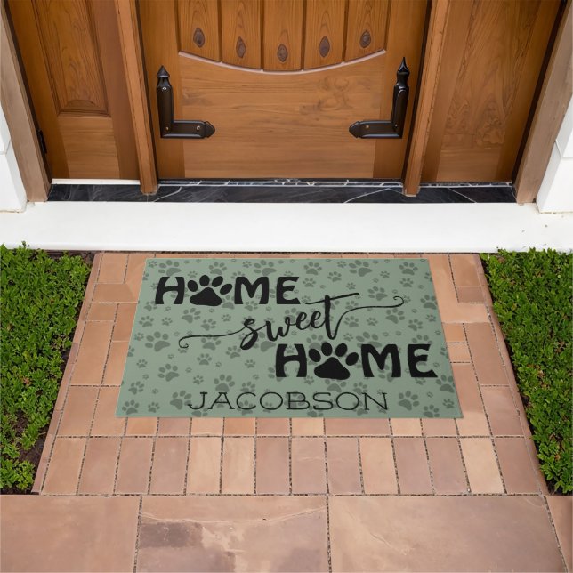 Cute Paw Prints & Name Home Sweet Home Sage Green Doormat (Outdoor)