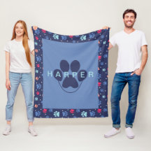 Cute Paw Prints Personalized Blue Fleece Pet