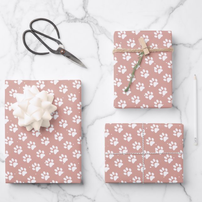 Cute Paw Prints Pink Christmas Wrapping Paper Sheet (Front)