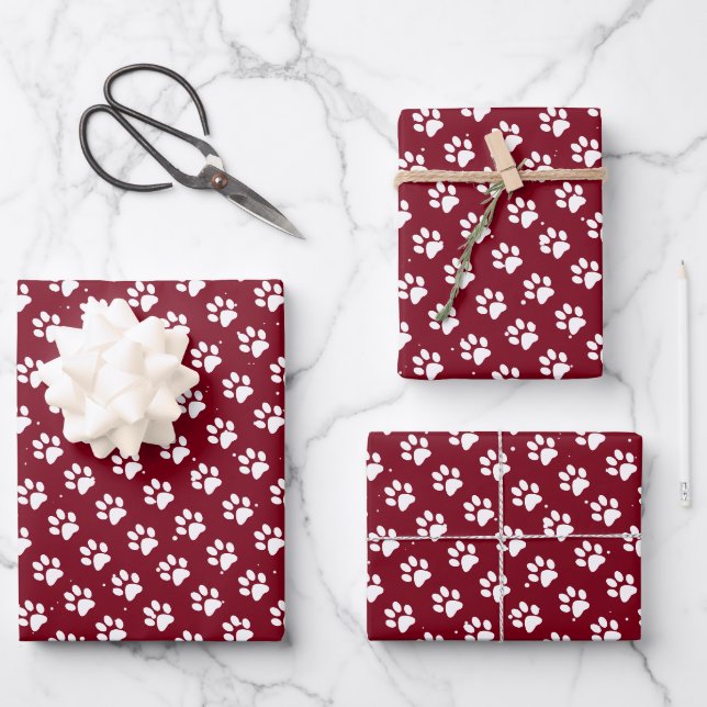 Cute Paw Prints Red Christmas Wrapping Paper Sheet (Front)