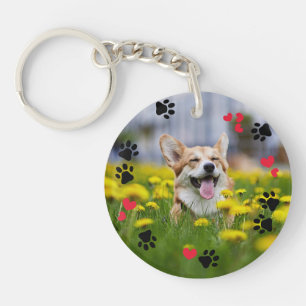 Cute Paw Prints & Red Hearts Pet Photos Keychain
