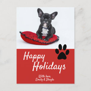 Cute Paw Red Script Dog Photo Happy Holiday Postcard