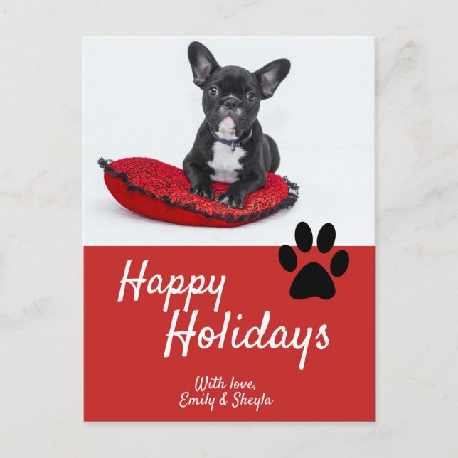 Cute Paw Red Script Dog Photo Happy Holiday Postcard (Front)