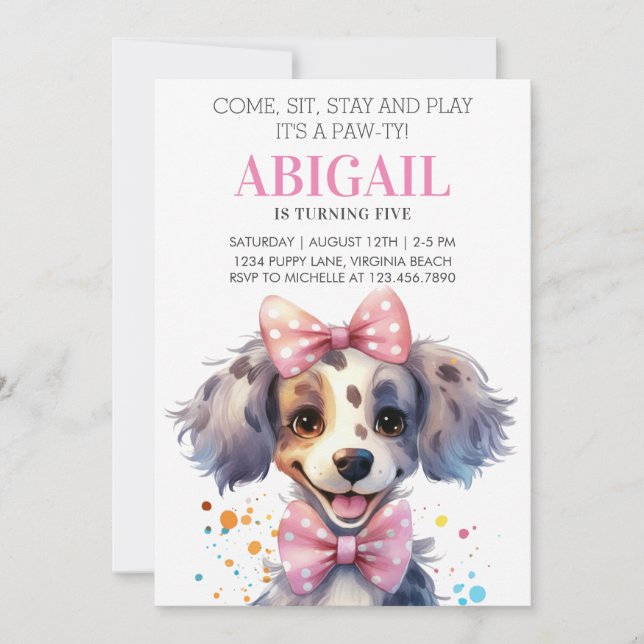 Cute Paw-ty Puppy Dog Pink Pet Kids Birthday Party Invitation (Front)