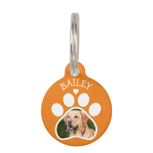 Cute Pawprint Heart Photo Name Pet Dog Cat Orange Tag