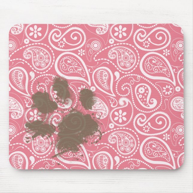 Cute Pawprint on Blush Pink Paisley Mouse Pad (Front)