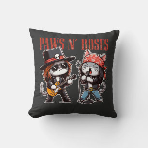 Cute Paws 'N Roses Funny Rock Cat Gift Idea Throw Pillow